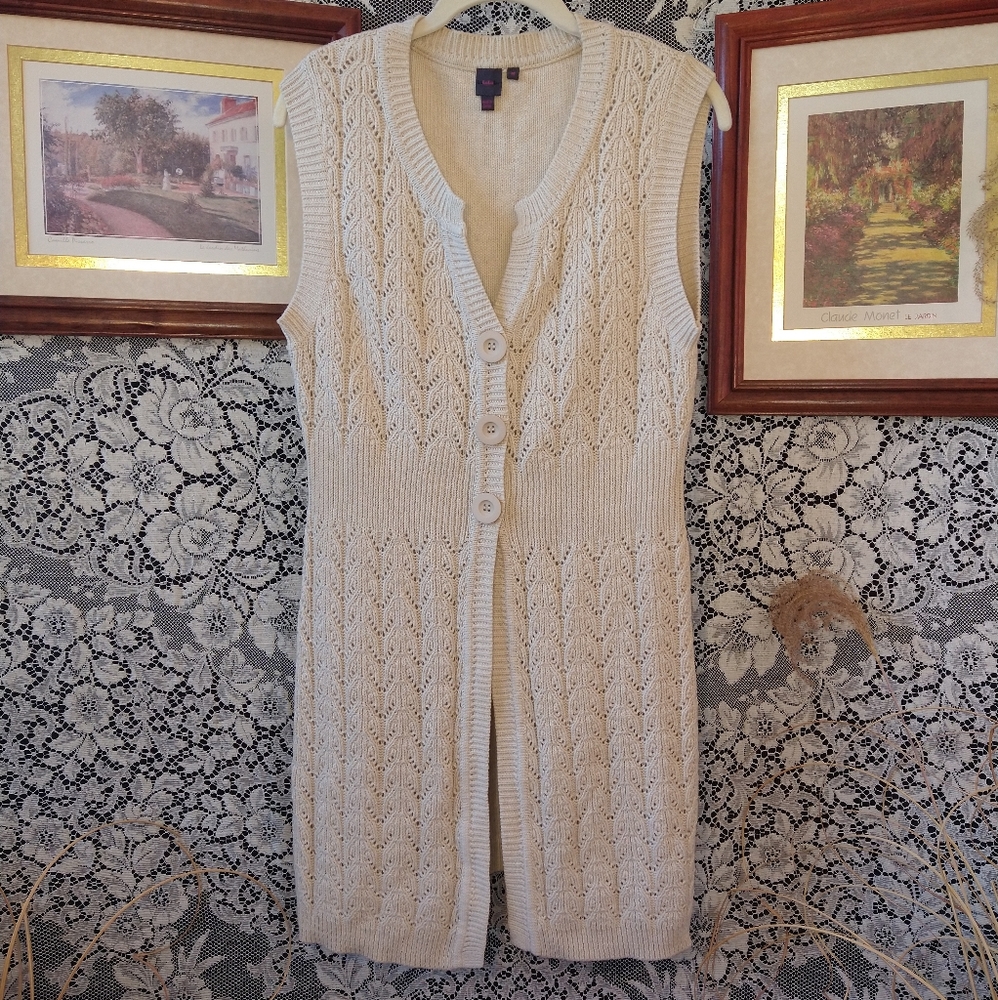 LuLuLuLu tan beige knitted cardigan 3 button sleeveless long length 100% cotton